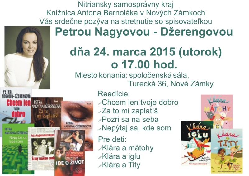 Pozvánka na stretnutie so spisovateľkou Petrou Nagyovou-Džerengovou